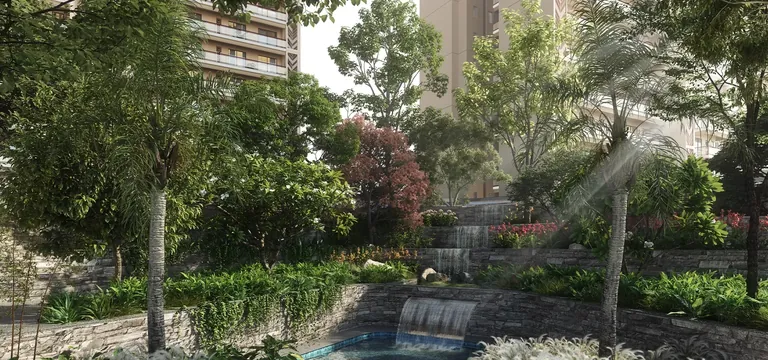 Godrej Aristocrat forest-themed landscaping with a stone water cascade, artist's impression