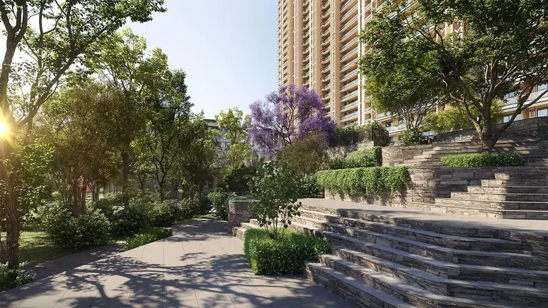 Godrej Aristocrat garden steps under a flowering jacaranda beside a tower, artist's impression
