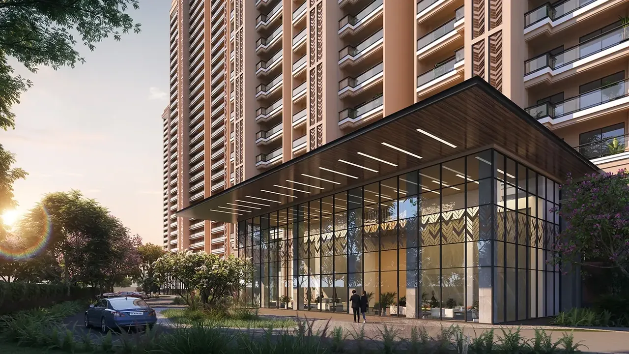 Godrej Aristocrat grand arrival lobby with a glass facade and drop-off, artist's impression