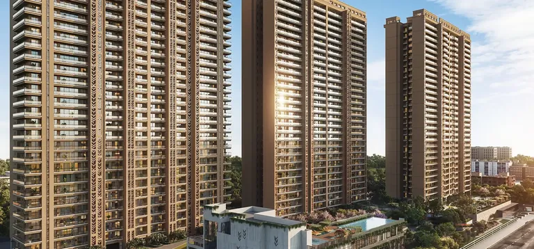 Godrej Aristocrat six towers at sunset with the clubhouse in front, artist's impression