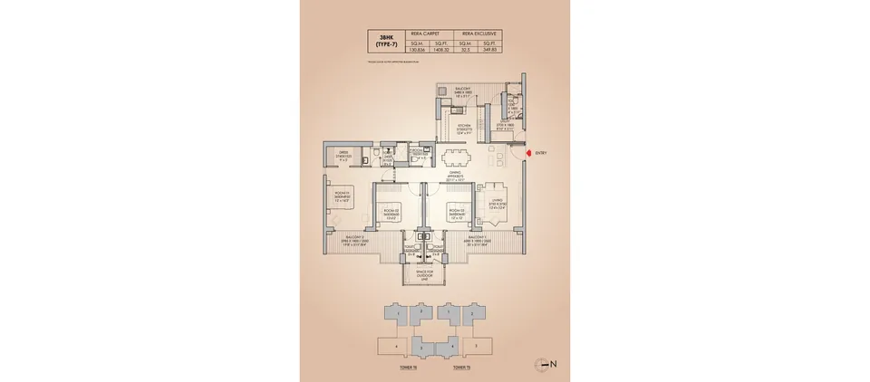 Godrej Aristocrat 3 BHK Type 7 floor plan, Towers T5 and T6, about 2,514 sq ft super area (1,408 sq ft RERA carpet plus 350 sq ft exclusive balcony)