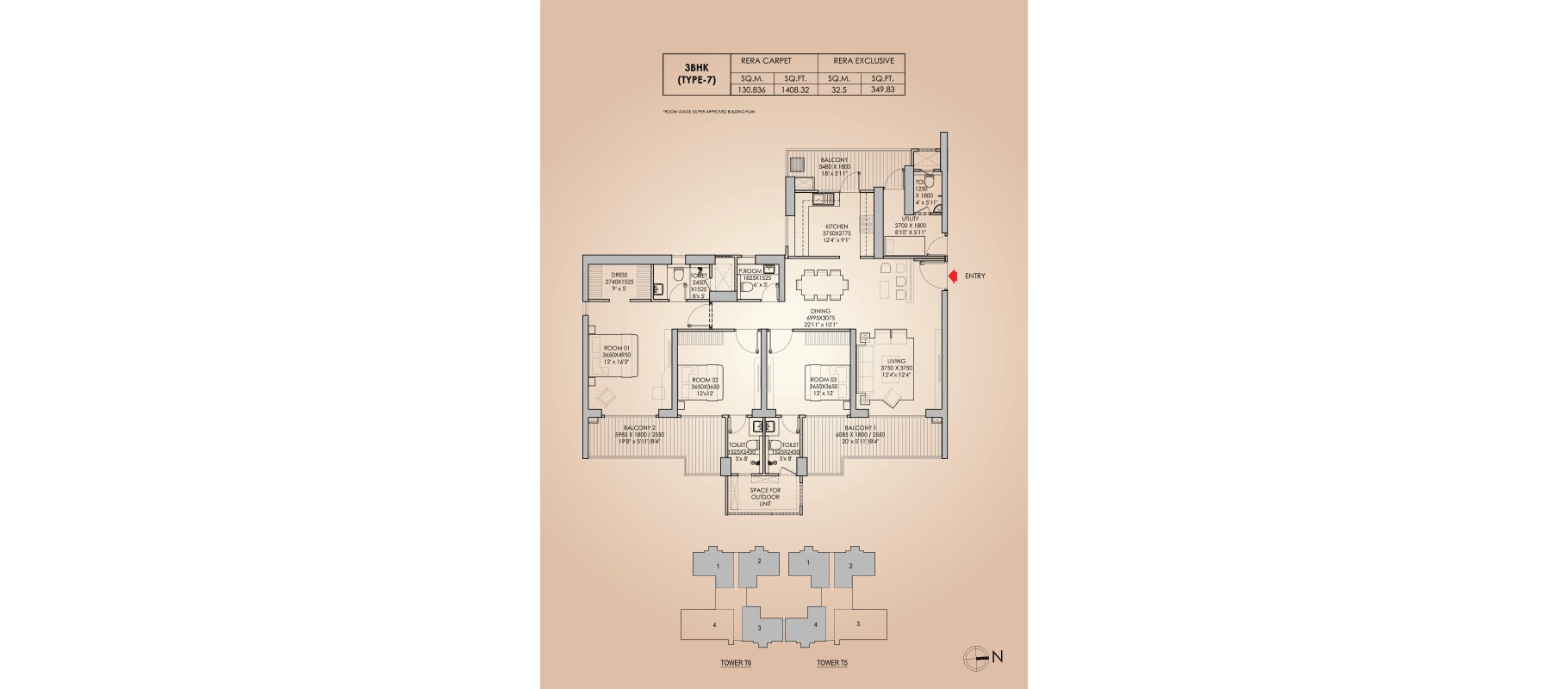 Godrej Aristocrat 3 BHK Type 7 floor plan, Towers T5 and T6, about 2,514 sq ft super area (1,408 sq ft RERA carpet plus 350 sq ft exclusive balcony)