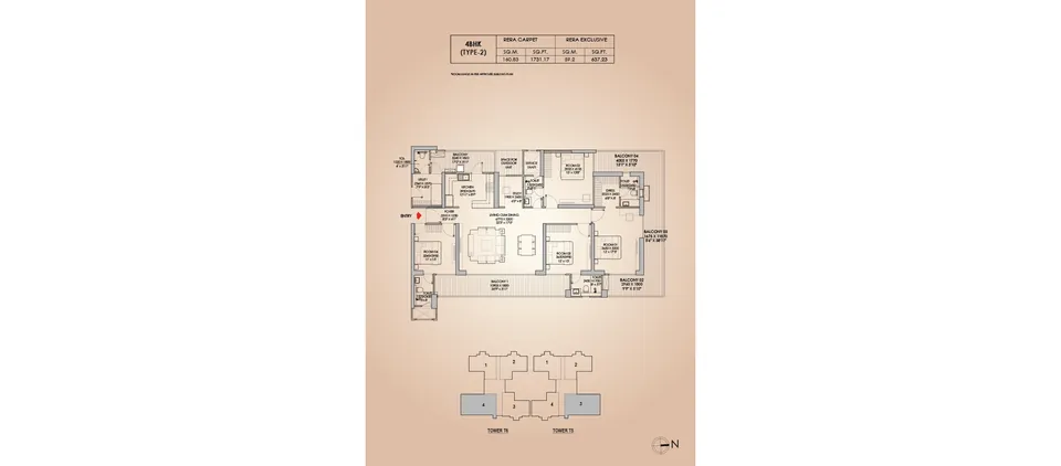 Godrej Aristocrat 4 BHK Type 2 floor plan, Towers T5 and T6, about 3,387 sq ft super area (1,731 sq ft RERA carpet plus 637 sq ft exclusive balcony)