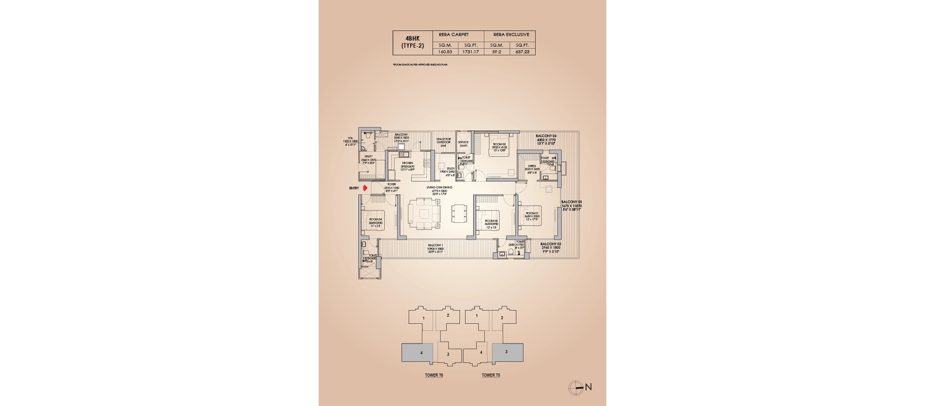 Godrej Aristocrat 4 BHK Type 2 floor plan, Towers T5 and T6, about 3,387 sq ft super area (1,731 sq ft RERA carpet plus 637 sq ft exclusive balcony)
