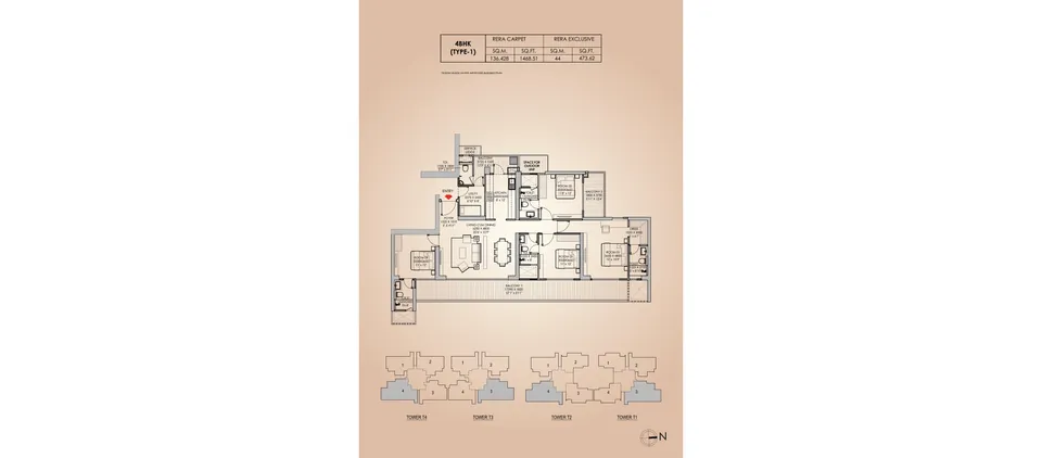 Godrej Aristocrat 4 BHK Type 1 floor plan, Towers T1 to T4, about 2,777 sq ft super area (1,469 sq ft RERA carpet plus 474 sq ft exclusive balcony)