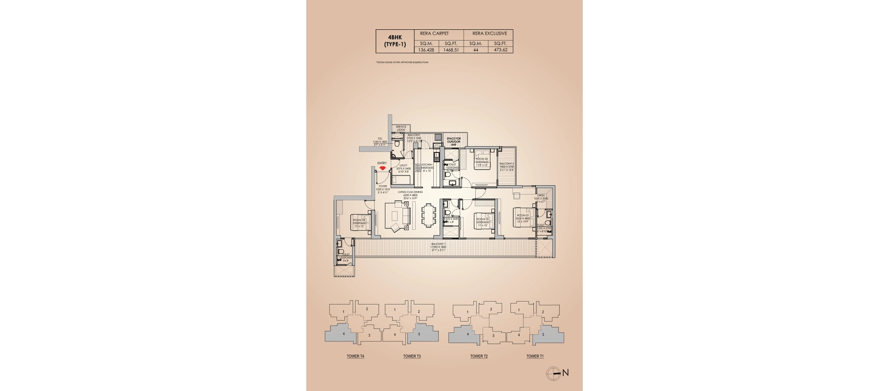 Godrej Aristocrat 4 BHK Type 1 floor plan, Towers T1 to T4, about 2,777 sq ft super area (1,469 sq ft RERA carpet plus 474 sq ft exclusive balcony)