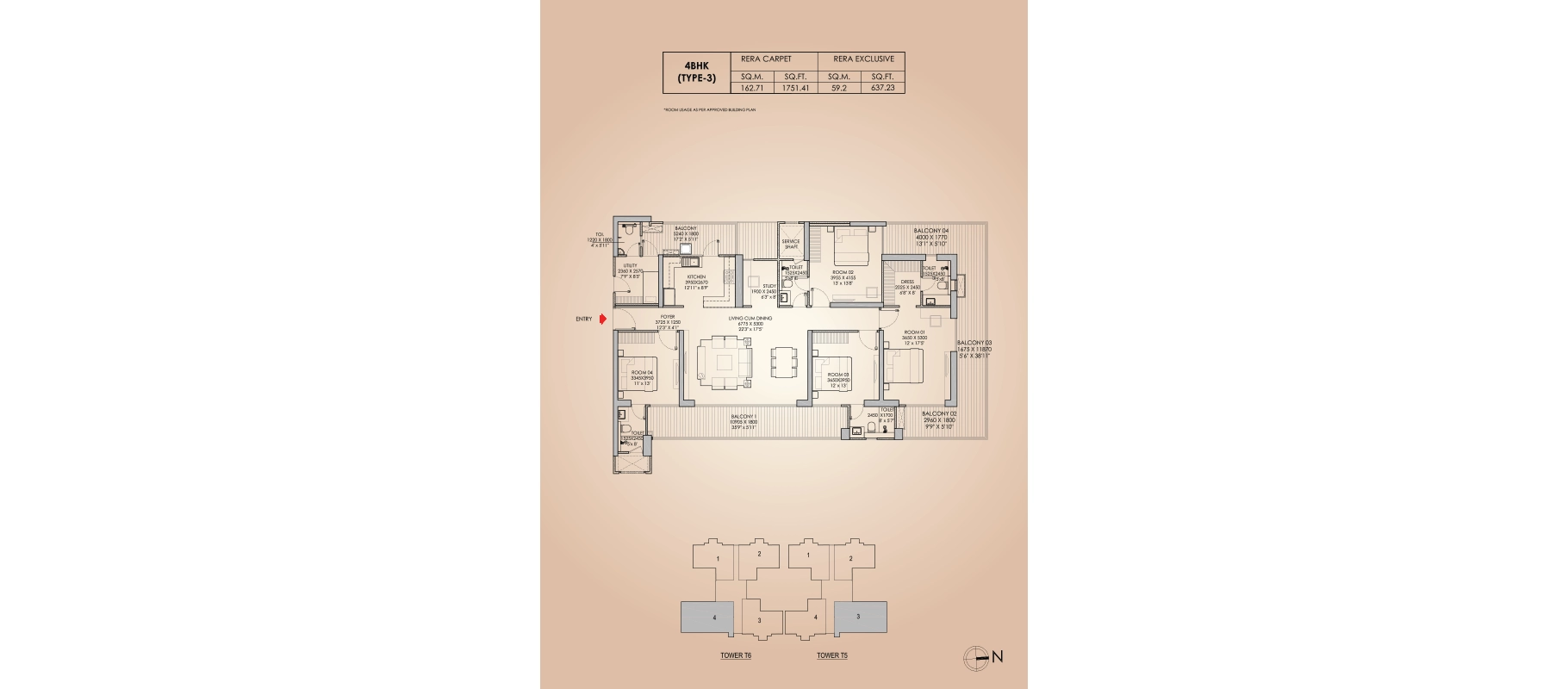 Godrej Aristocrat 4 BHK Type 3 floor plan, Towers T5 and T6, about 3,416 sq ft super area (1,751 sq ft RERA carpet plus 637 sq ft exclusive balcony)