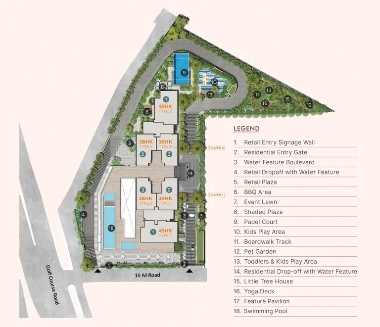 Godrej Astra master plan with the two towers, pool and gardens