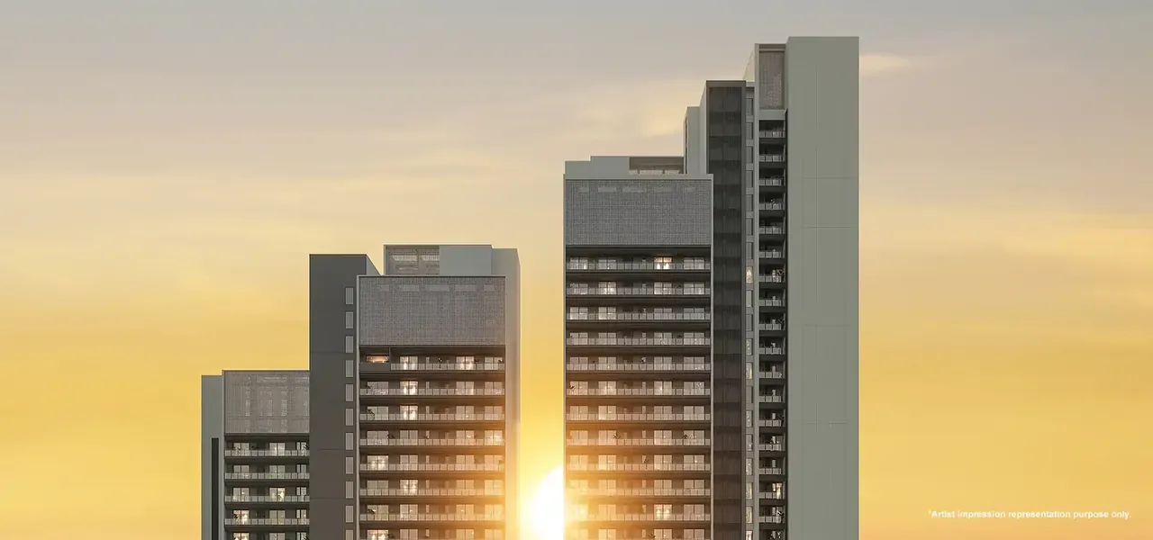Godrej Astra towers at golden hour from the north, artist's impression