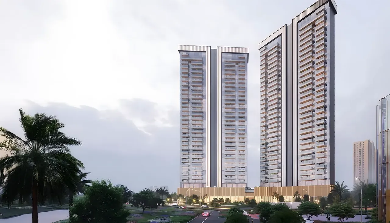Godrej Astra towers behind the palm-lined entrance, artist's impression