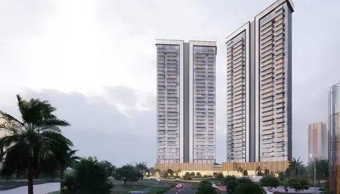 Godrej Astra towers behind the palm-lined entrance, artist's impression