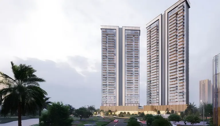 Godrej Astra towers behind the palm-lined entrance, artist's impression