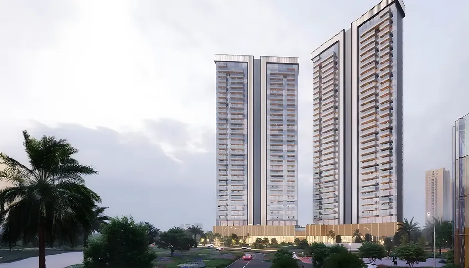 Godrej Astra towers behind the palm-lined entrance, artist's impression