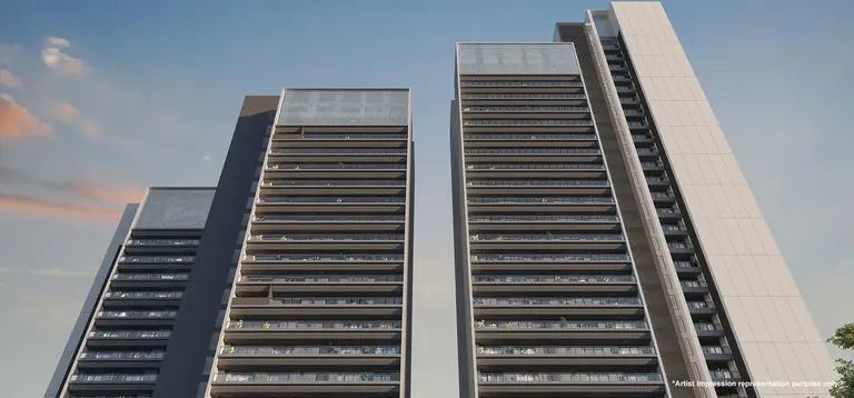 Godrej Astra two towers seen from the front with their stepped crowns, artist's impression