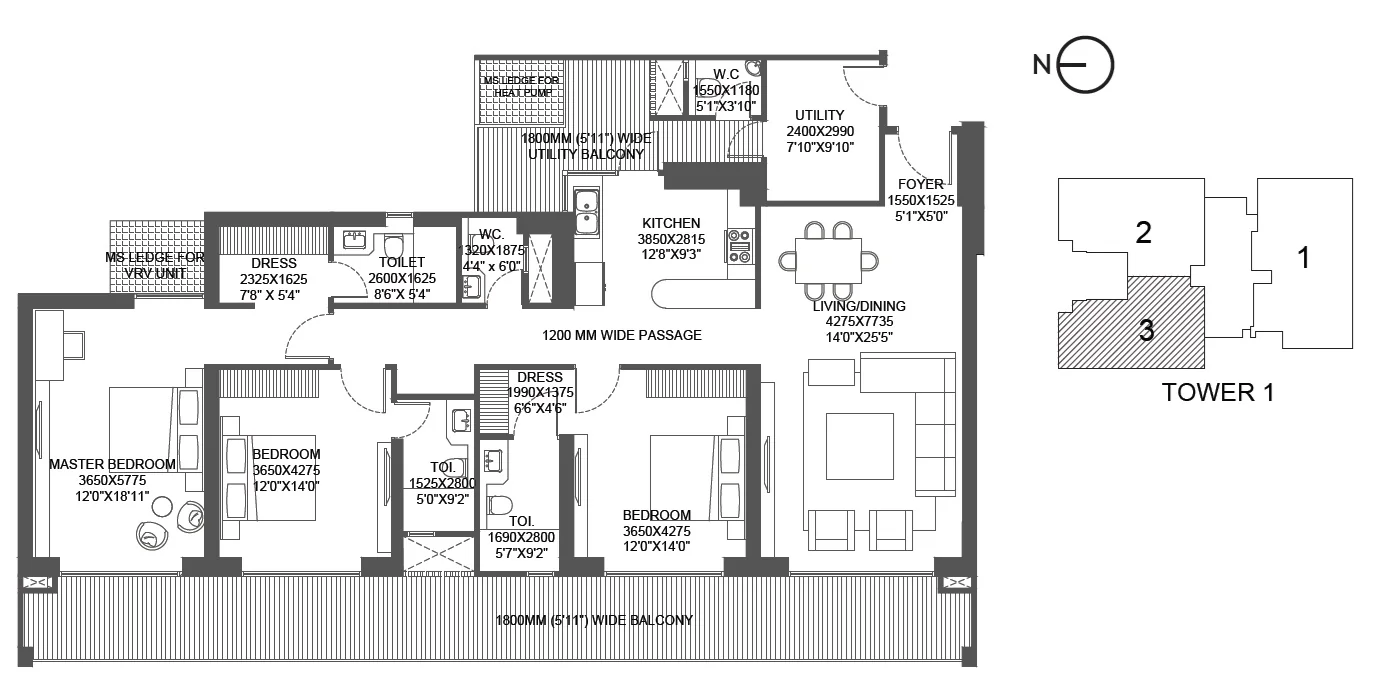Godrej Astra 3 BHK floor plan, 2,970 sq ft