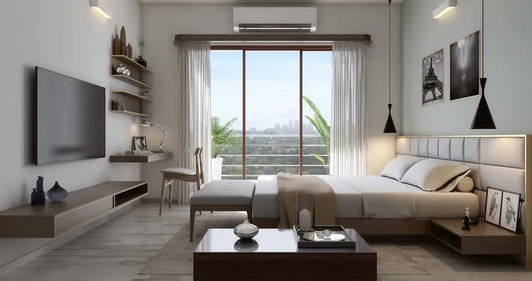 Godrej Meridien apartment master bedroom with full-height window, artist's impression