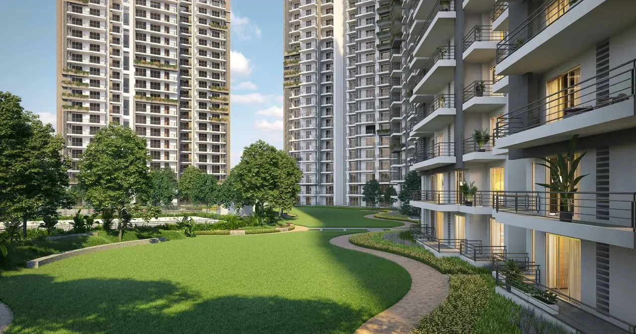 Godrej Meridien central lawn and curving walkway between the towers, artist's impression