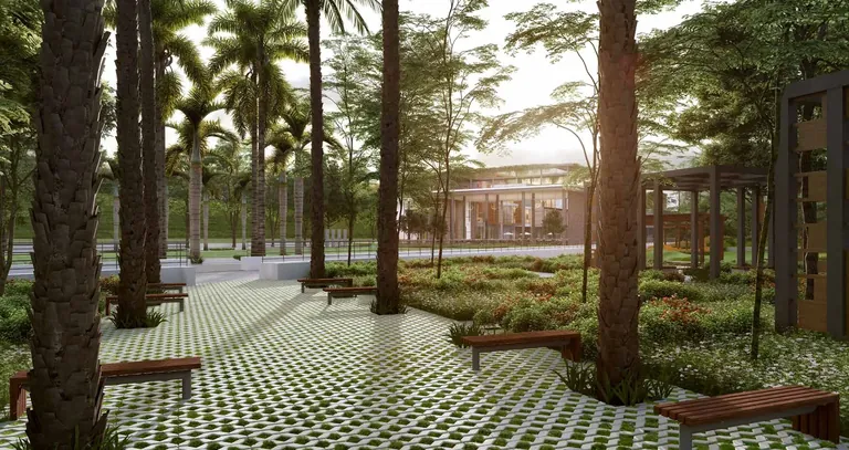 Godrej Meridien forest grove with paved seating court near the clubhouse, artist's impression