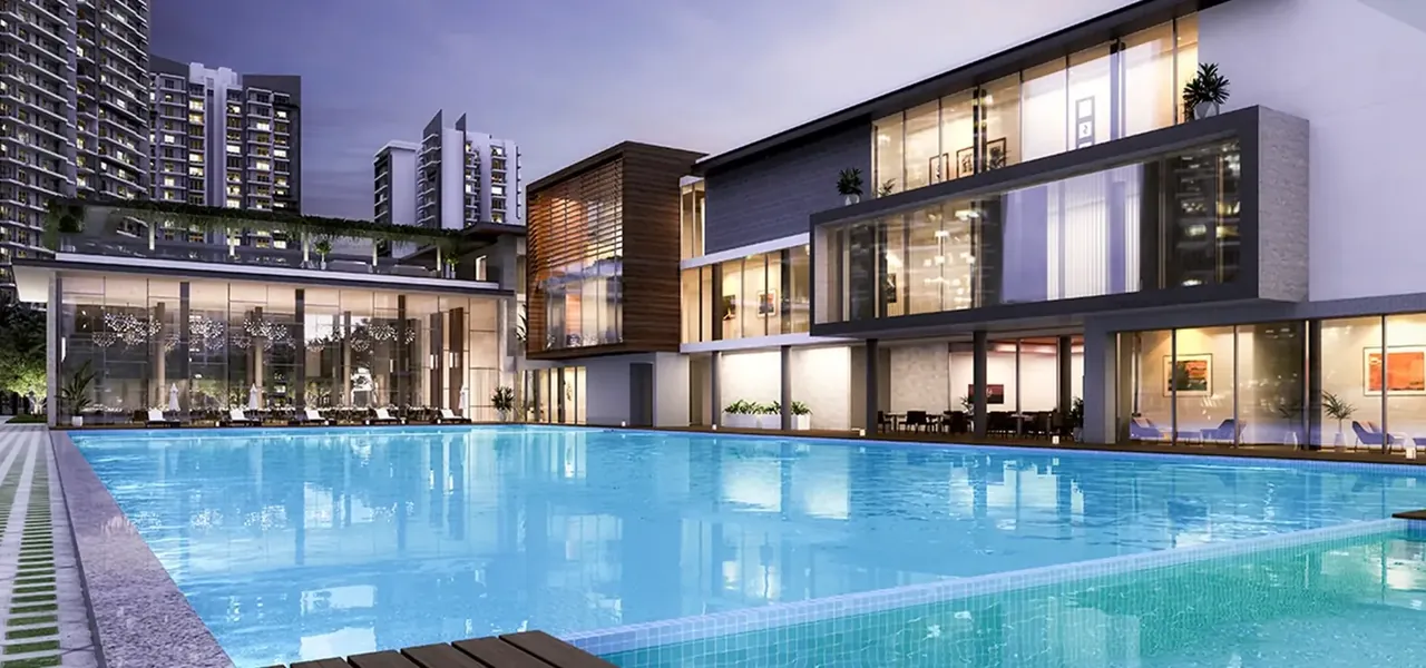 Godrej Meridien outdoor swimming pool in front of the three-storey clubhouse, artist's impression