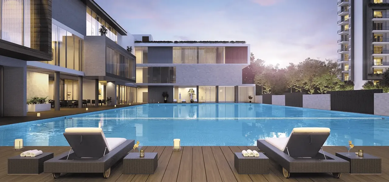 Godrej Meridien pool deck with loungers at sunset, artist's impression