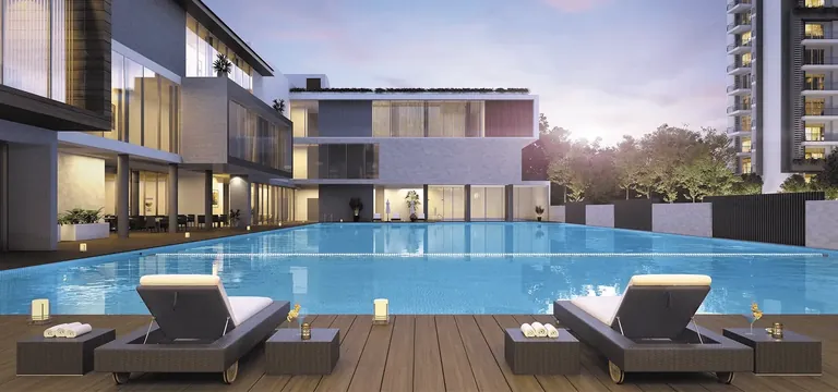 Godrej Meridien pool deck with loungers at sunset, artist's impression
