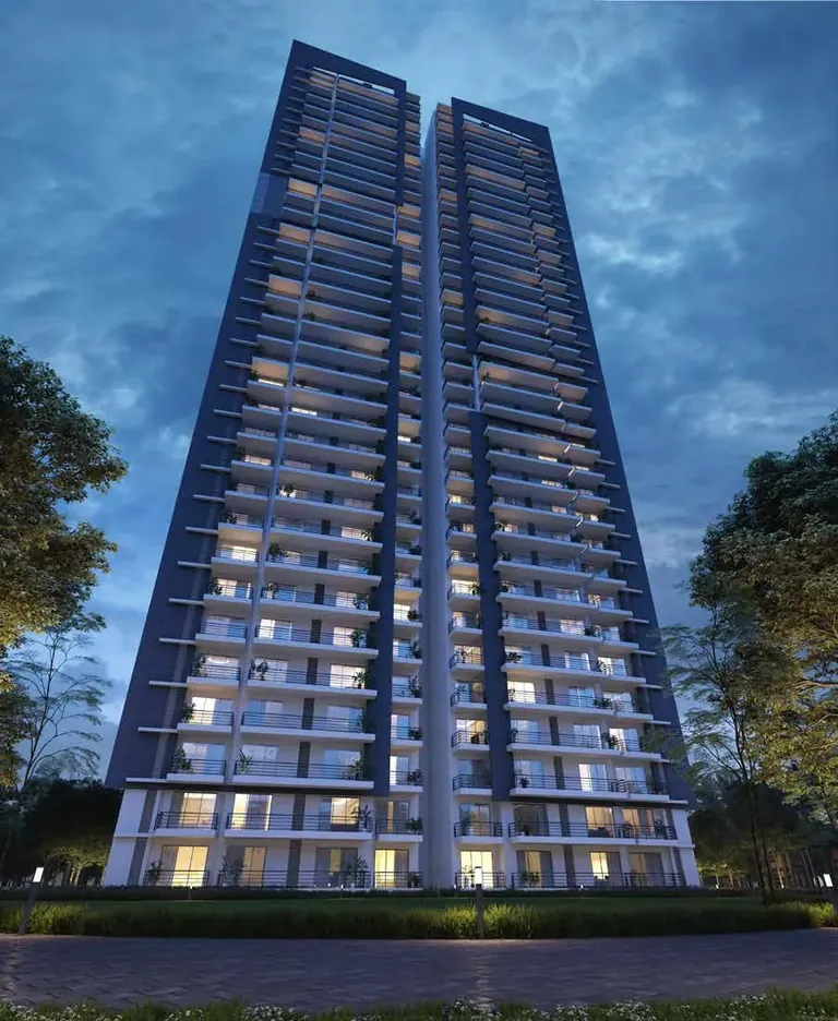 Godrej Meridien residential tower lit up at dusk, artist's impression