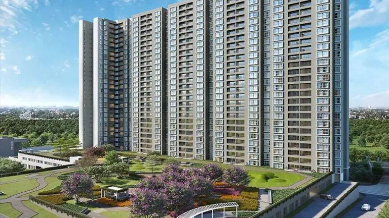 Godrej Meridien residential towers above the landscaped podium garden, artist's impression