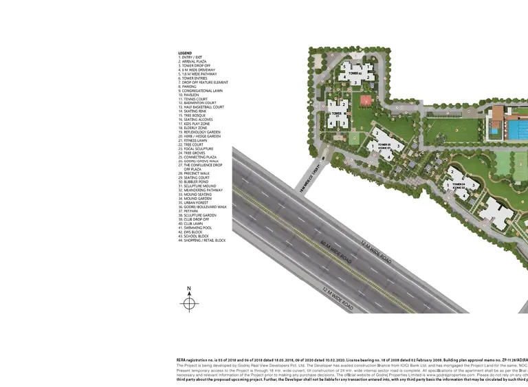 Godrej Meridien site plan: seven towers, clubhouse, pool, tennis court and Dwarka Expressway edge