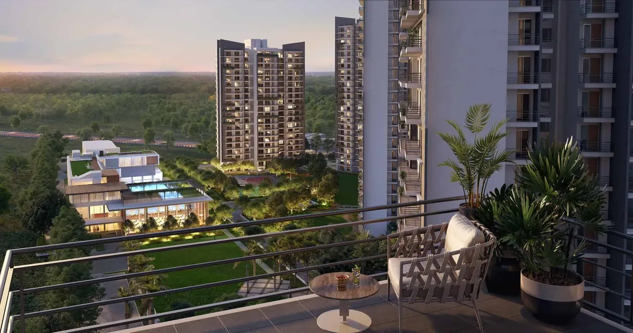 Godrej Meridien view from an apartment balcony over the clubhouse and greens, artist's impression
