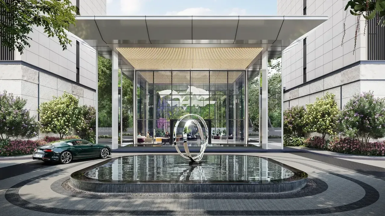 Godrej Miraya drop-off with water feature and sculpture