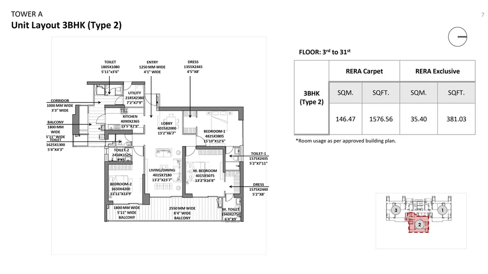 Godrej Miraya 3 BHK Type 2 floor plan, 2,711 sq ft, Tower A