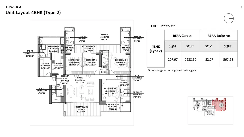 Godrej Miraya 4 BHK Type 2 floor plan, 3,897 sq ft, Tower A
