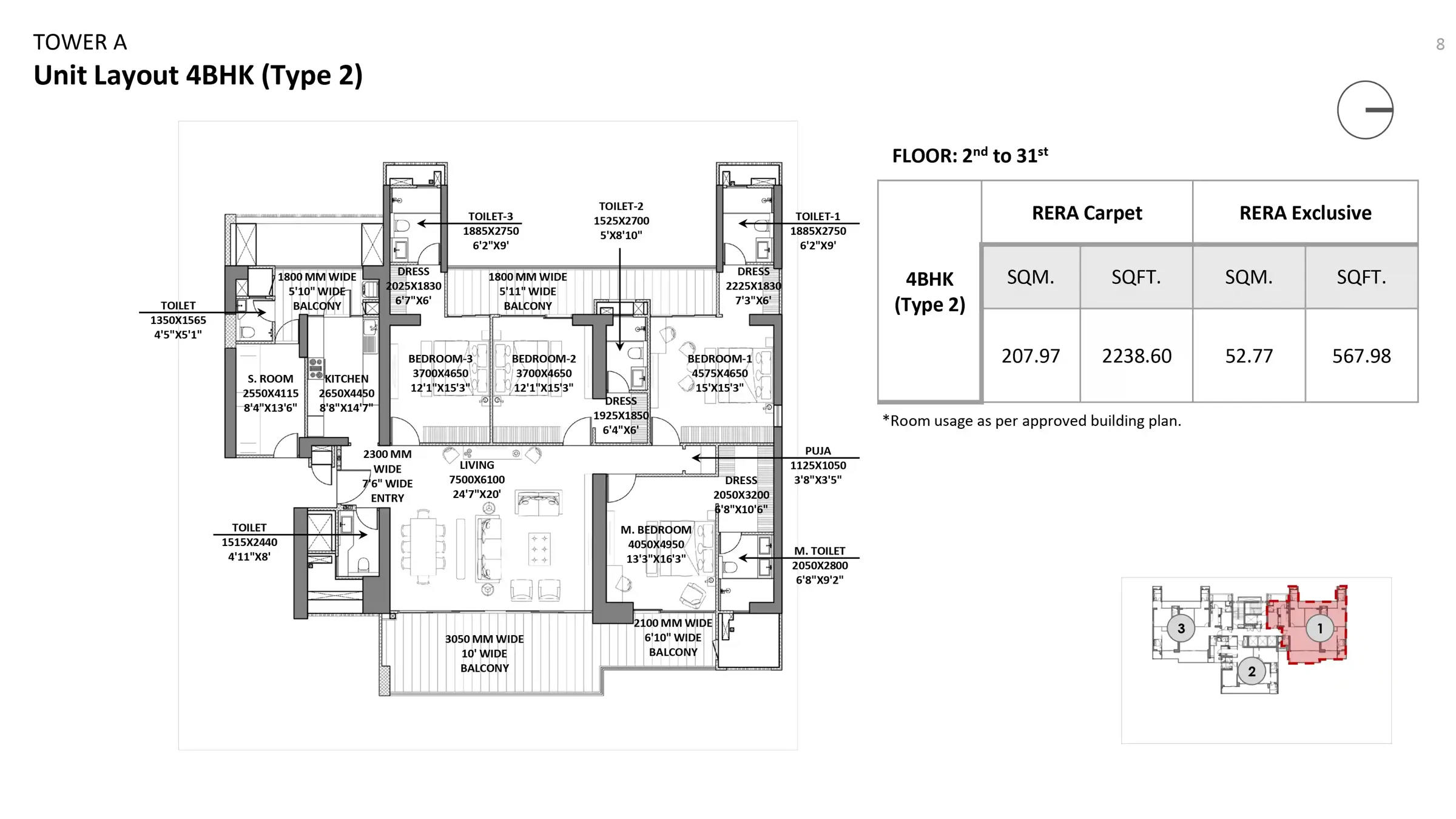 Godrej Miraya 4 BHK Type 2 floor plan, 3,897 sq ft, Tower A