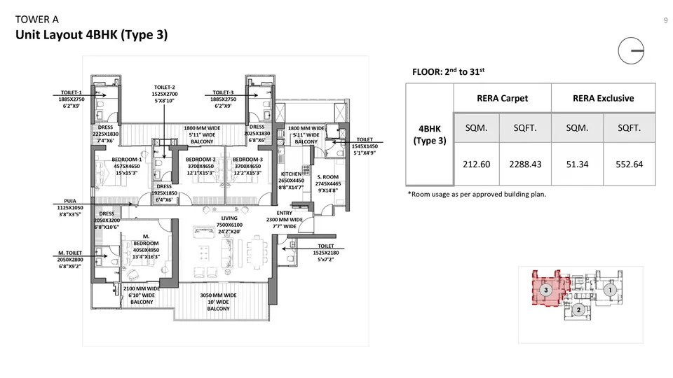 Godrej Miraya 4 BHK Type 3 floor plan, 3,929 sq ft, Tower A