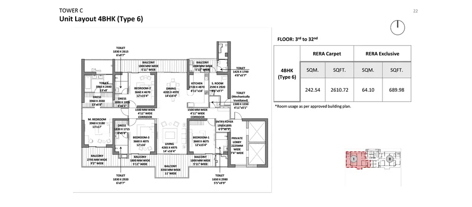 Godrej Miraya 4 BHK Type 6 floor plan, 4,566 sq ft, Tower C