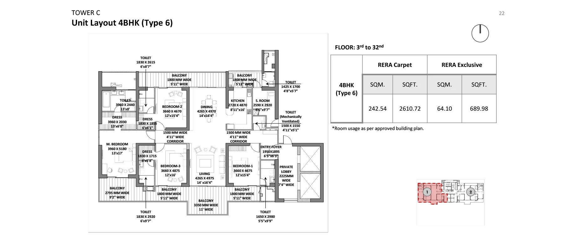 Godrej Miraya 4 BHK Type 6 floor plan, 4,566 sq ft, Tower C