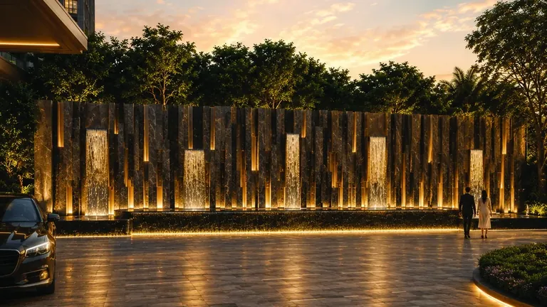 Godrej Samaris entrance plaza feature wall at dusk