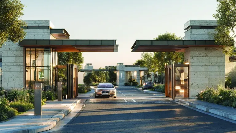 Godrej Samaris entry gates and tree-lined entrance road