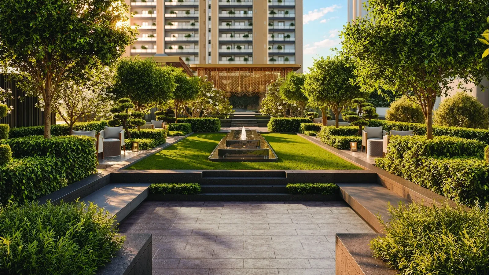 Godrej Samaris topiary garden and fountain