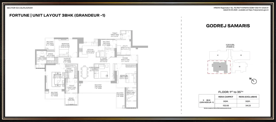 Godrej Samaris 3 BHK Grandeur floor plan, 1,646 sq ft carpet
