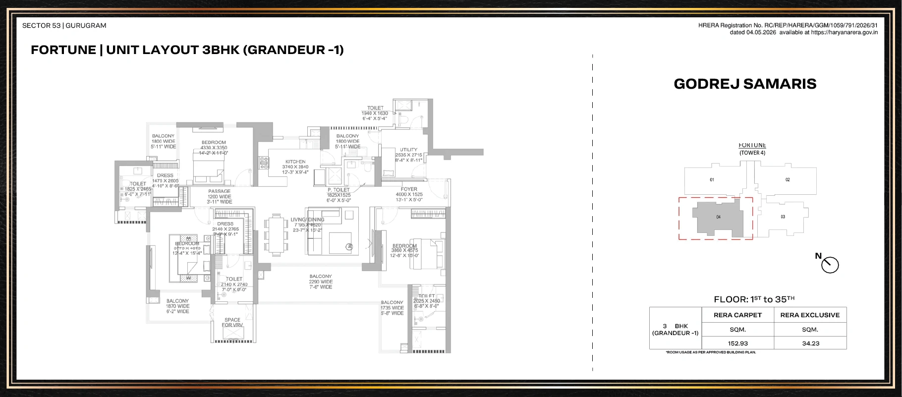 Godrej Samaris 3 BHK Grandeur floor plan, 1,646 sq ft carpet