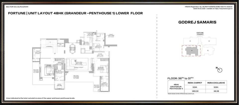 Godrej Samaris 4 BHK Grandeur penthouse, 3,117 sq ft carpet: lower level plan