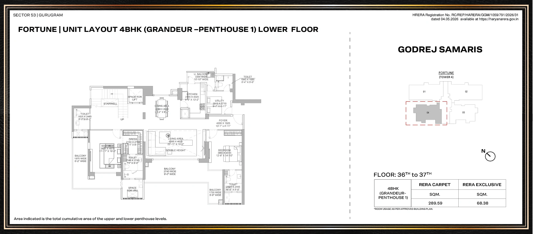 Godrej Samaris 4 BHK Grandeur penthouse, 3,117 sq ft carpet: lower level plan
