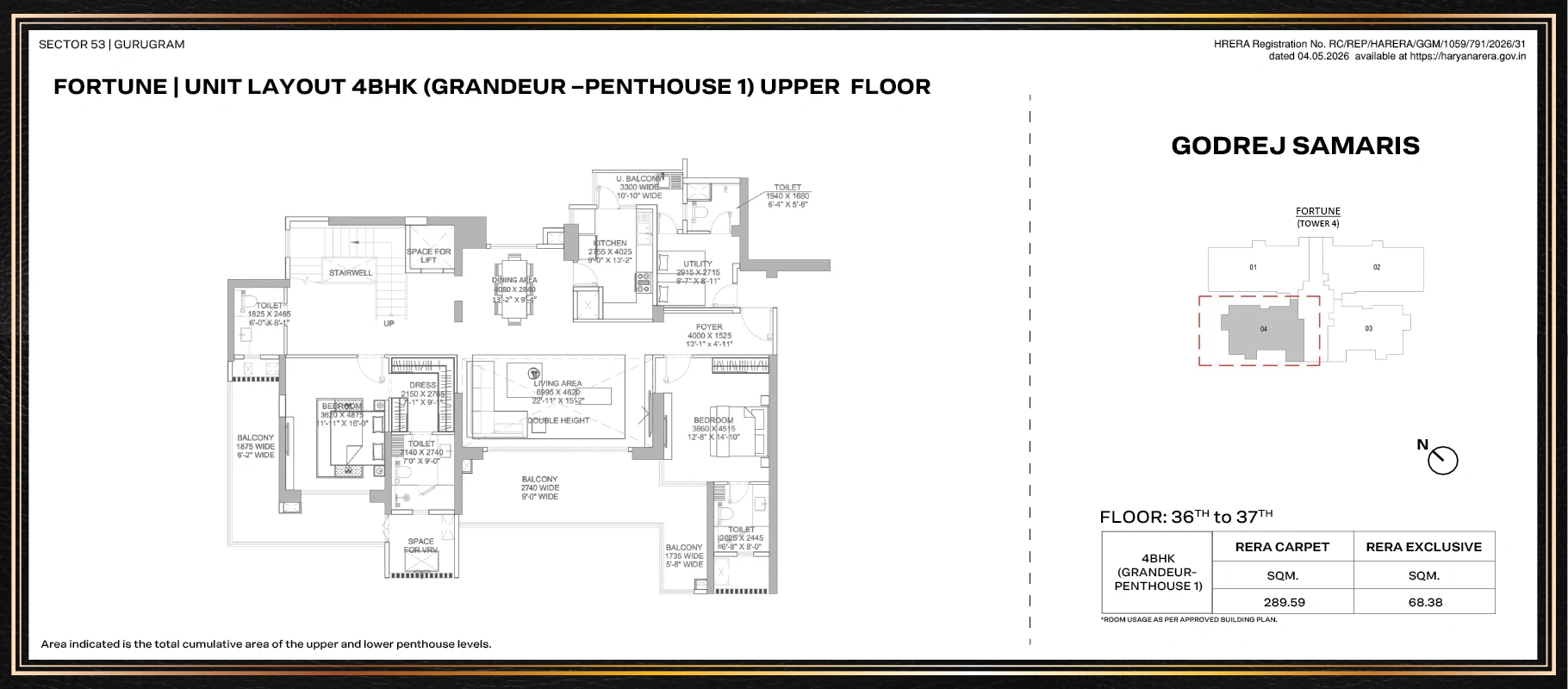 Godrej Samaris 4 BHK Grandeur penthouse, 3,117 sq ft carpet: upper level plan