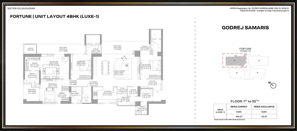 Godrej Samaris 4 BHK Luxe floor plan, 2,094 sq ft carpet