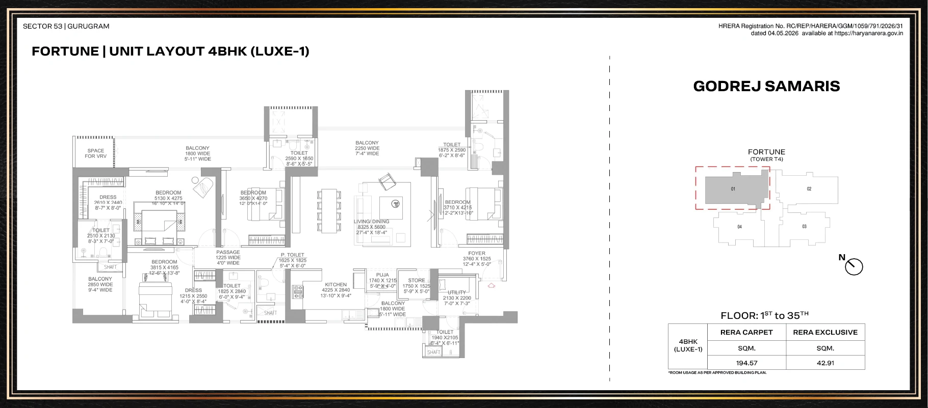 Godrej Samaris 4 BHK Luxe floor plan, 2,094 sq ft carpet