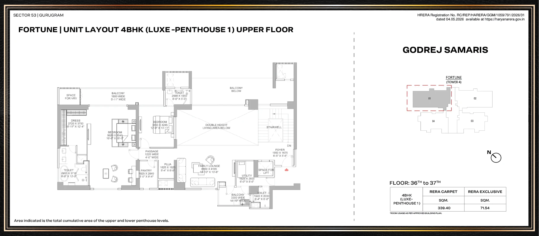 Godrej Samaris 4 BHK Luxe penthouse, 3,653 sq ft carpet: upper level plan