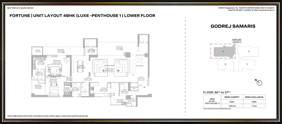 Godrej Samaris 4 BHK Luxe penthouse, 3,653 sq ft carpet: lower level plan
