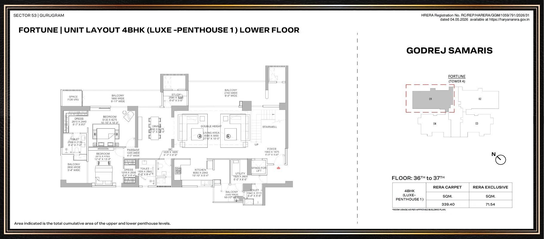 Godrej Samaris 4 BHK Luxe penthouse, 3,653 sq ft carpet: lower level plan