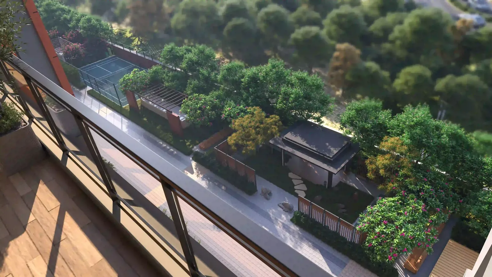 Godrej Sora balcony view over the landscaped greens